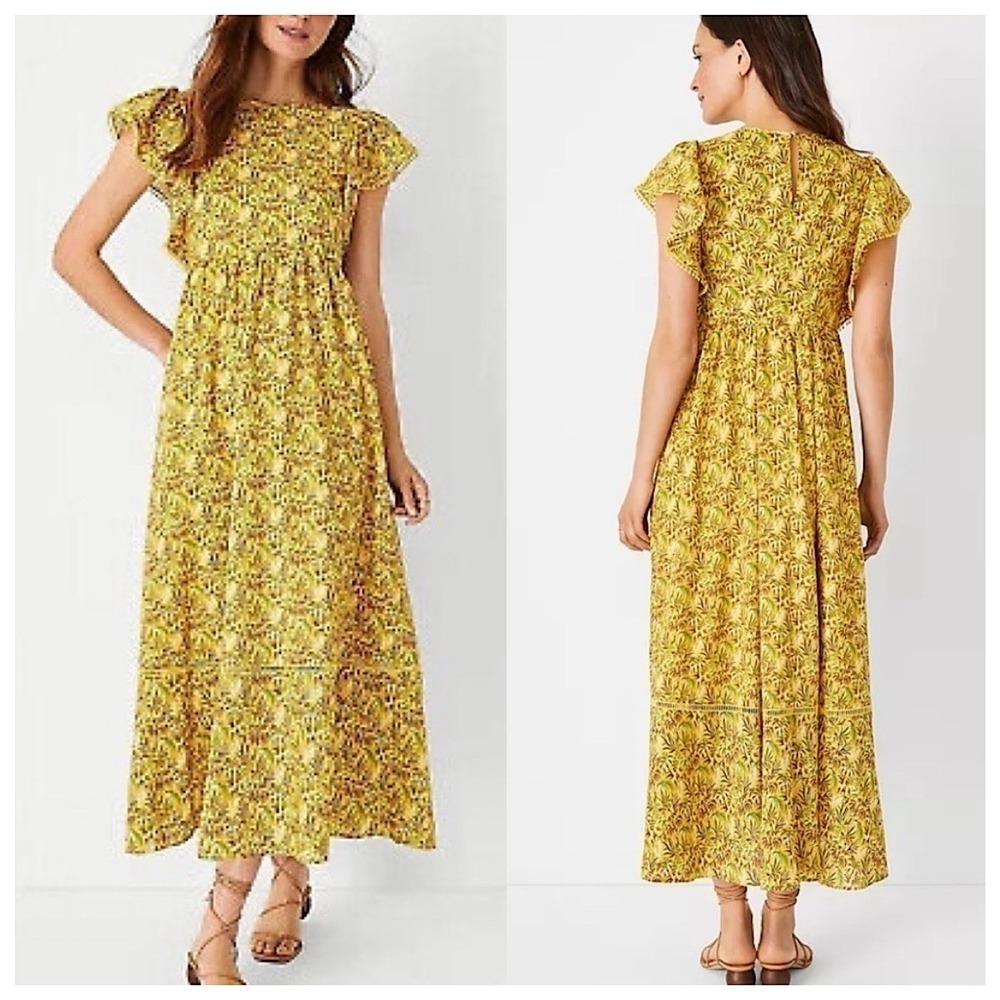 Ann Taylor Yellow Tropical Palm Print Maxi Dress Flutter Sleeve Pom Pom Medium